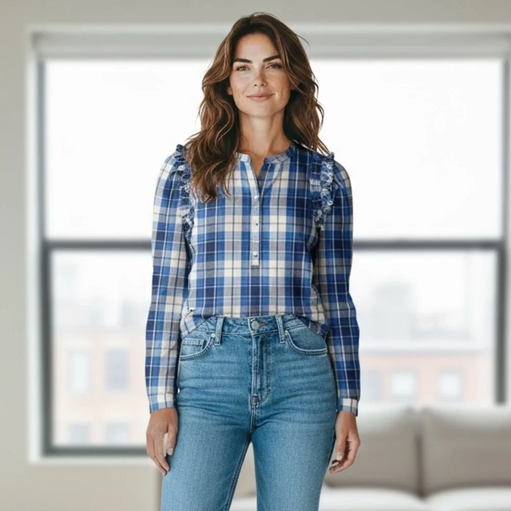 J.Crew Puff Sleeve Pop Over Plaid Blouse in‎ Valley Plaid Flannel, XXS